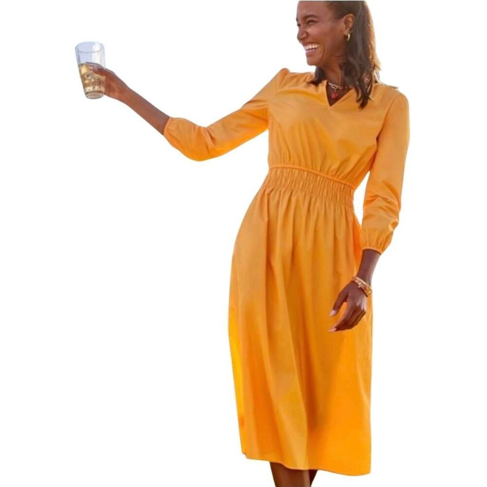 Talbots Marigold Orange-Yellow Smocked Waist Cotton Midi Dress Pockets Size 10 E